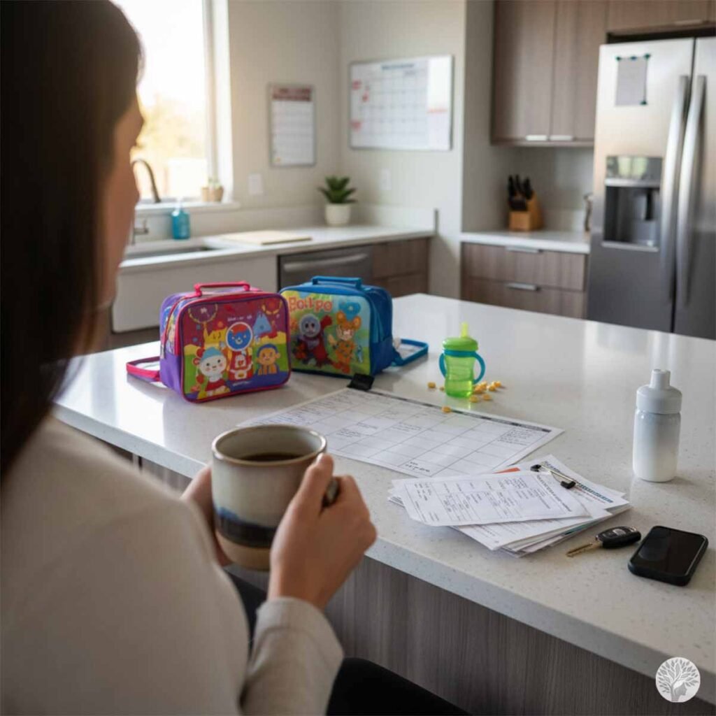 A mother holding a cup of tea, viewed from behind, managing the family schedule on a paper calendar next to colourful lunchboxes on a modern kitchen counter.