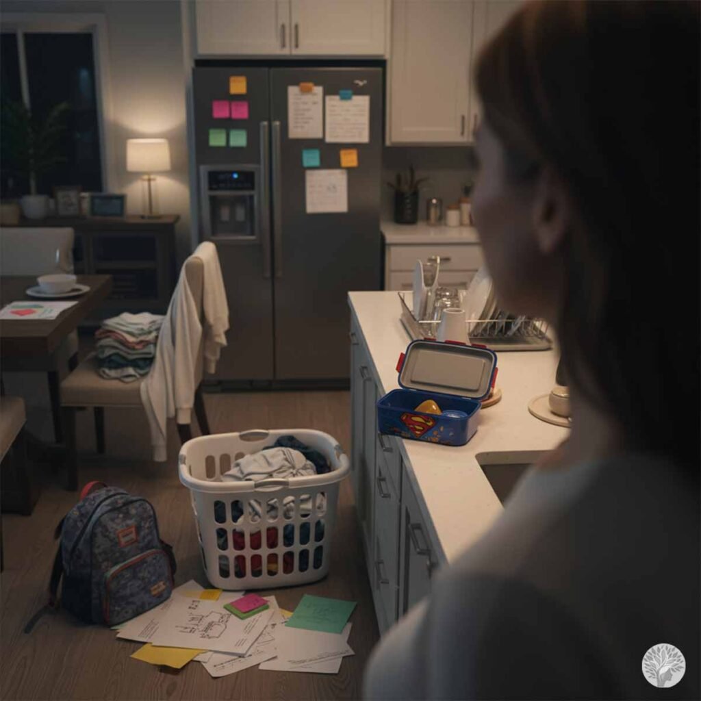 A mother standing in a kitchen at night, looking at a laundry basket, a child's backpack, and an open lunchbox on the counter, representing the mental load of planning for the next day.