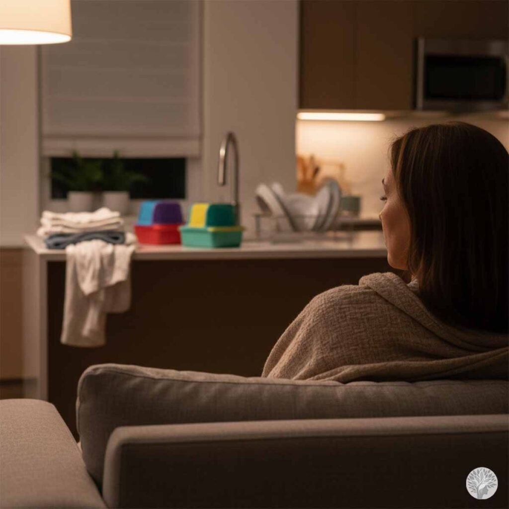 A mother sitting on a sofa at night, wrapped in a soft blanket and looking toward a kitchen counter with stacked laundry and colorful lunchboxes, representing the mental load of motherhood.