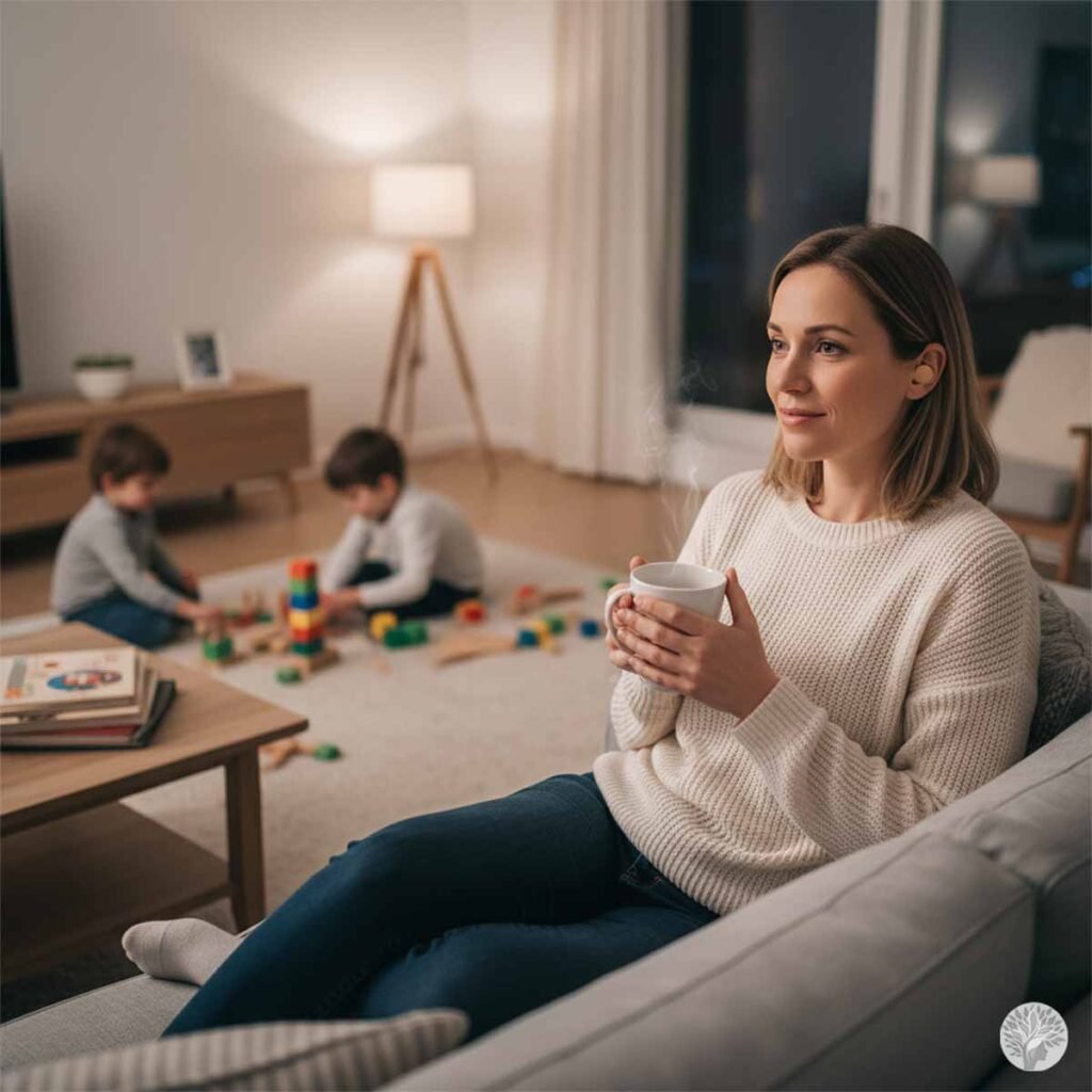 A woman wearing discrete, circular noise-buffering earplugs sits calmly on a couch with a steaming mug, while two young children play with building blocks on the rug behind her in a cozy, softly lit living room.
