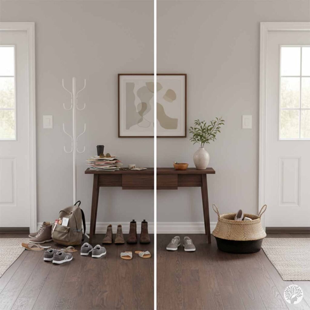 A side-by-side comparison of a cluttered entryway with shoes and bags on the floor versus a calm, breathable entryway using the 70/30 Rule with a nearly bare console and a woven basket for storage.