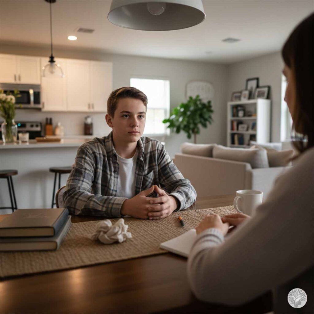 A mother sitting at a dining table having a serious, focused conversation with her teenage son, illustrating the disciplined love and high standards of mindful parenting.