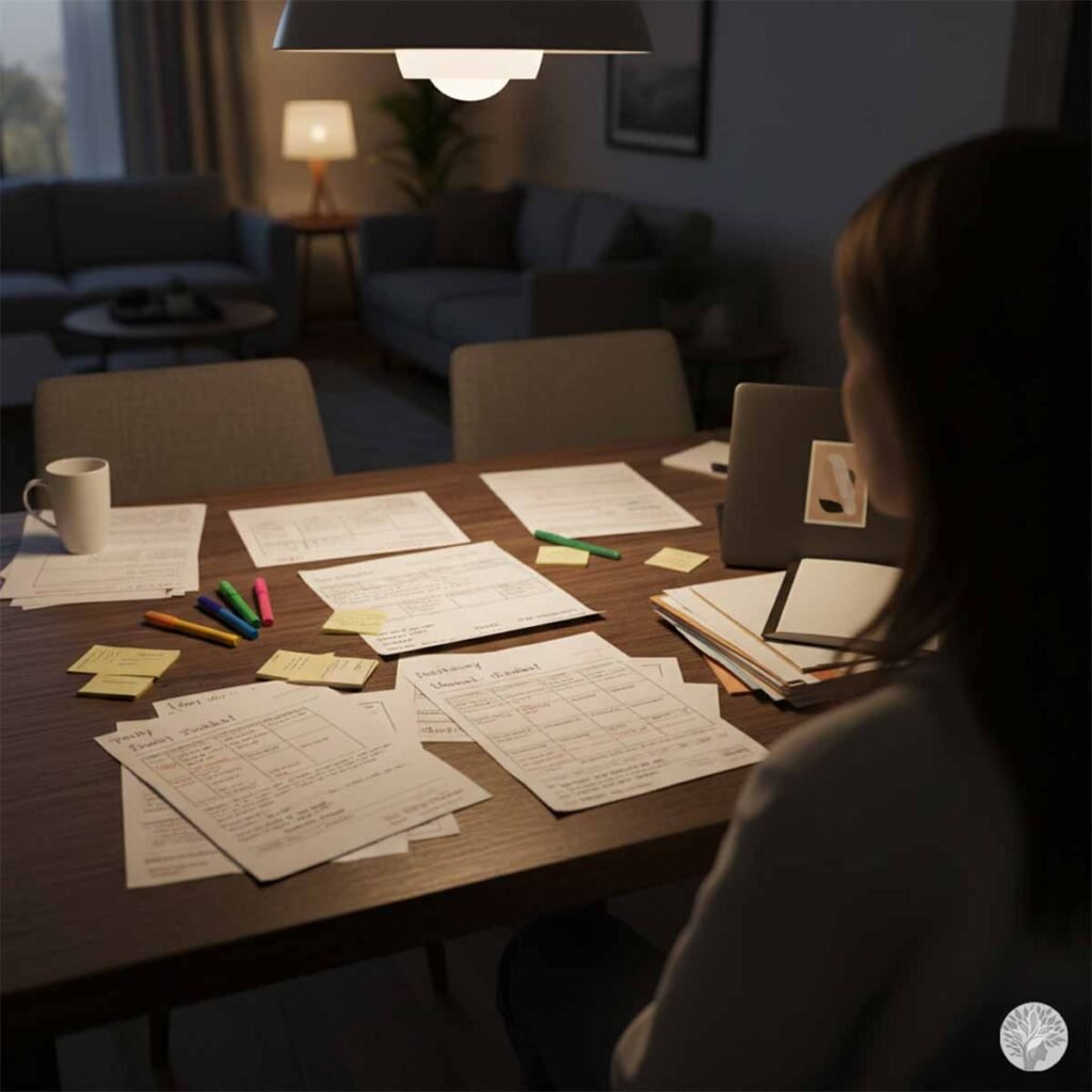 A mother sitting at a dining table at night, looking over scattered family schedules, colorful sticky notes, and school forms, symbolizing the invisible architecture of managing everyone else's lives.