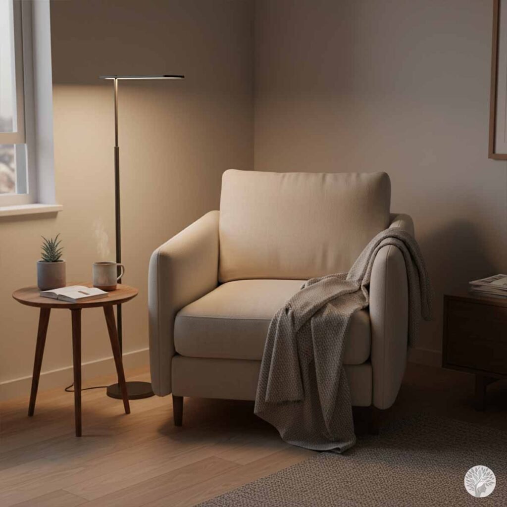 A simple, intentional calm corner featuring a neutral upholstered armchair, a soft textured throw blanket, a modern floor lamp with warm lighting, and a small wooden side table with a steaming mug and a small potted plant.