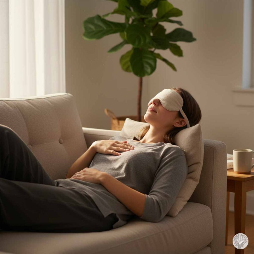 A woman reclining on a neutral-toned sofa in a serene living room, wearing a cream-colored linen weighted eye mask with one hand resting on her chest, appearing relaxed near a fiddle-leaf fig plant.