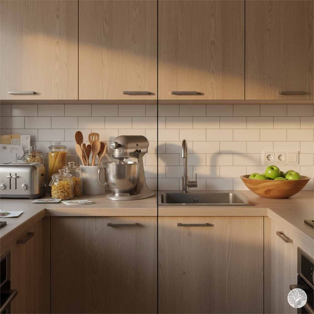 A split image showing a kitchen counter with "visual static" from appliances and jars on the left, compared to a clear counter on the right with a single wooden fruit bowl.