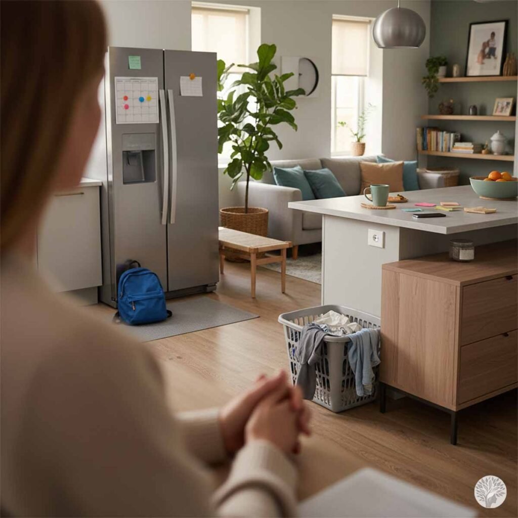 A mother’s perspective looking out over a clean, organized kitchen and living area, featuring a laundry basket, a blue backpack, and a family calendar on the refrigerator.