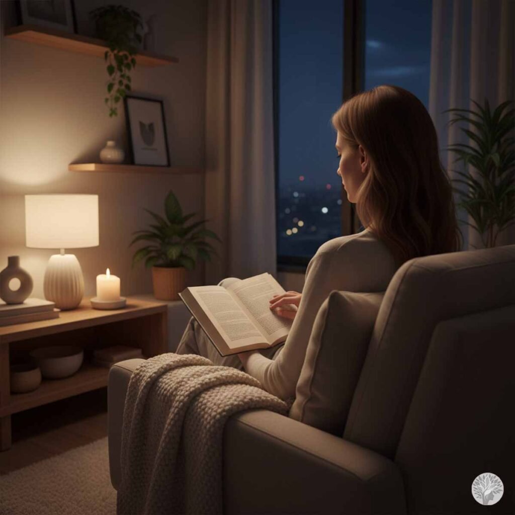 A mother sitting in a cozy armchair at night, reading a book by the warm glow of a lamp and a candle, with a soft blanket over her lap and city lights visible through the window.