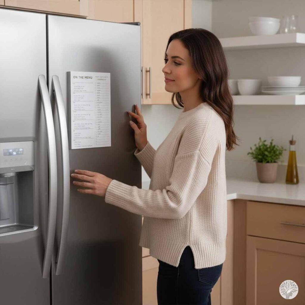 A woman in a cream sweater stands in a bright, modern kitchen looking at an "On the Menu" meal-planning notepad magnetically attached to a stainless steel refrigerator.