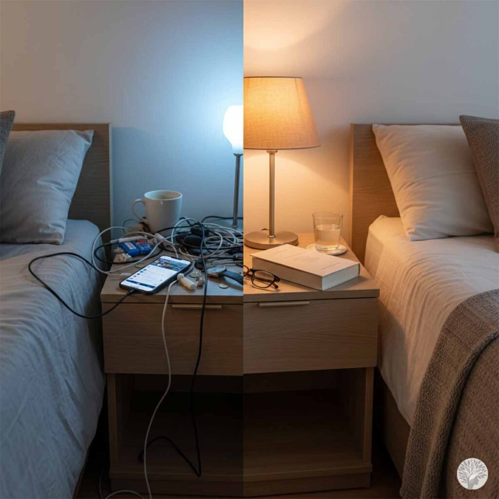 A side-by-side comparison of a cluttered nightstand with "digital noise" from a phone and tangled cords under cold light versus a minimalist sanctuary with a warm lamp, a book, and a glass of water.