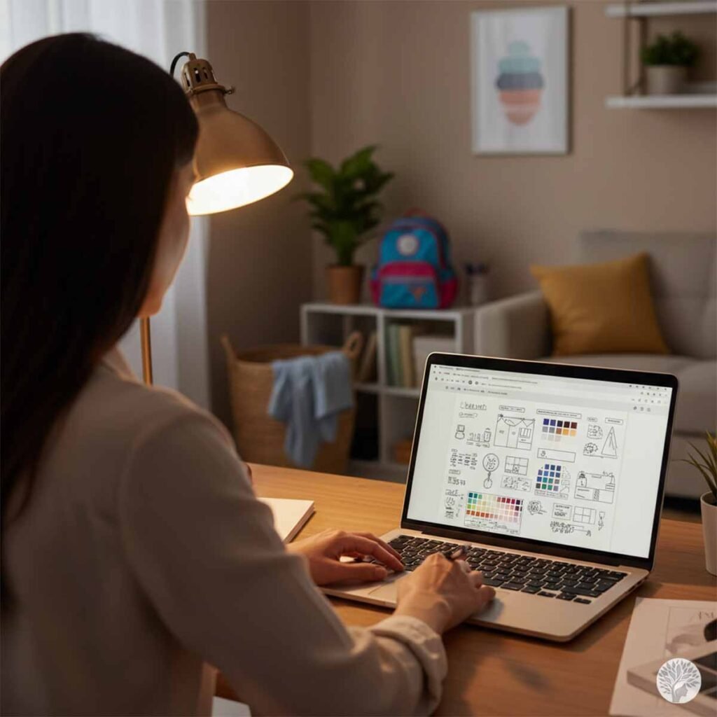 A woman sitting at a desk at night, working on a laptop with website design and content taxonomies visible on the screen, illuminated by a warm brass desk lamp.