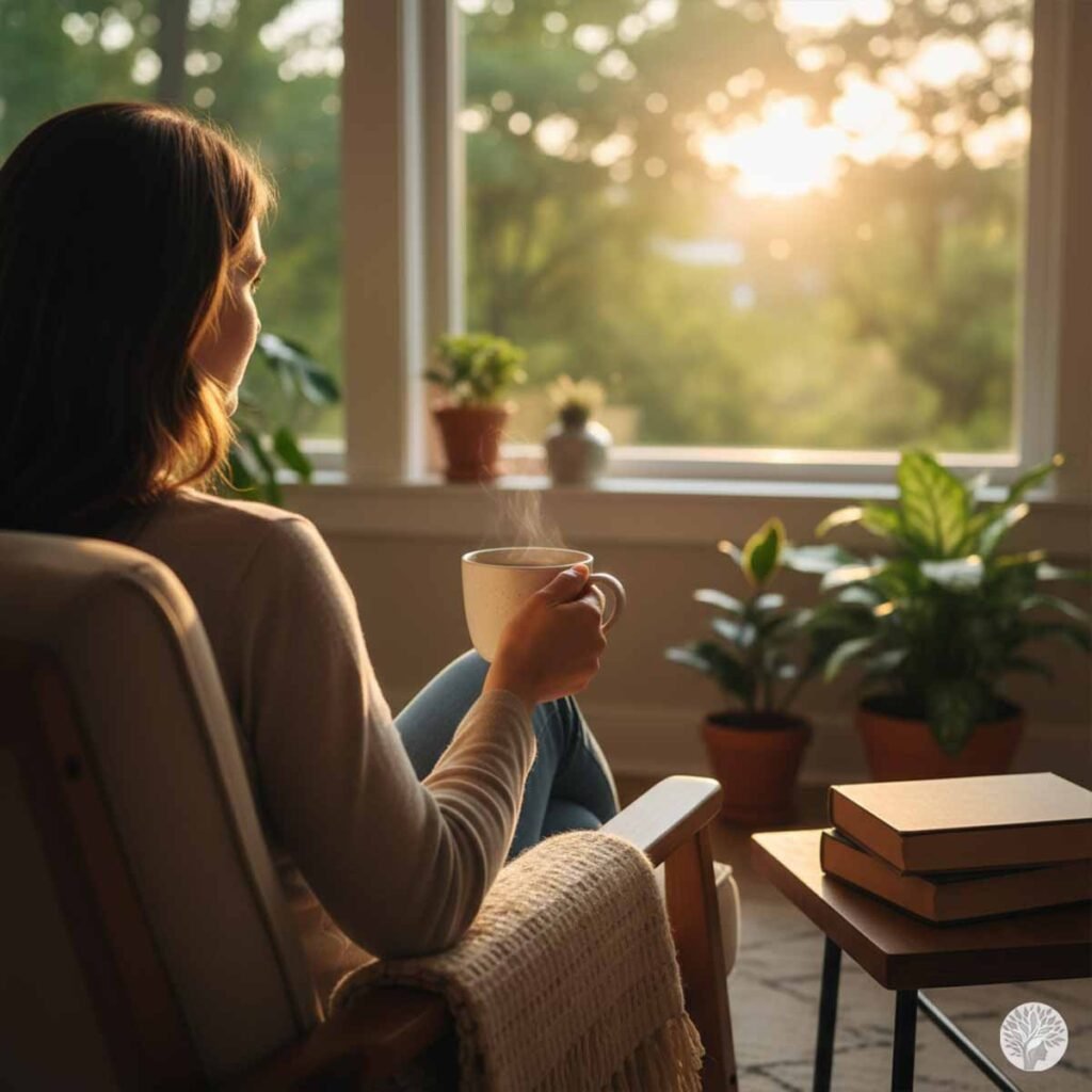 A mother sitting peacefully in a sunlit corner of a living room, hands resting on a ceramic mug, looking out at the sunset through a large window surrounded by thriving green plants.