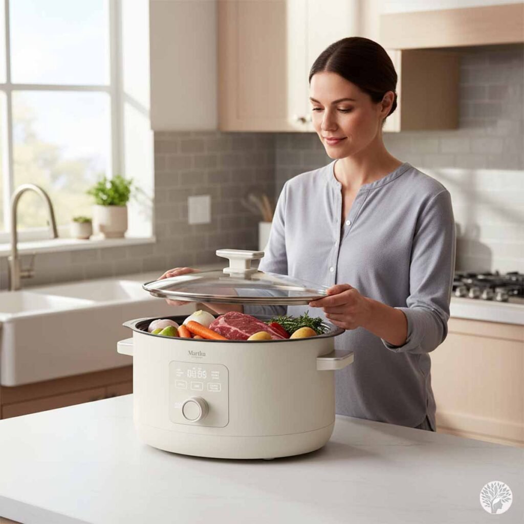A woman in a light grey top standing in a sunlit kitchen, lifting the glass lid of a white, modern high-capacity slow cooker filled with fresh vegetables and meat.