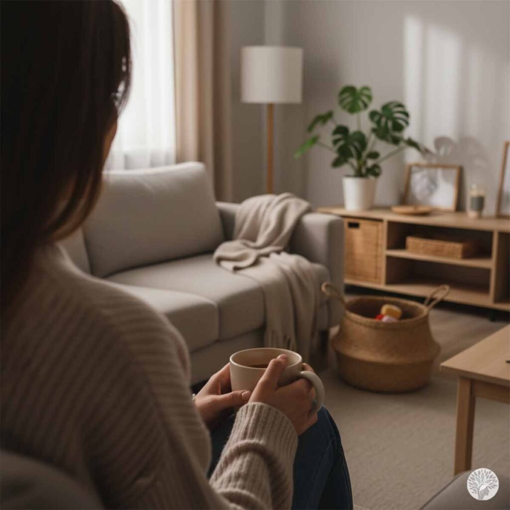 A mother sitting on a couch in a minimalist, sunlit living room with a neutral color palette, holding a mug and enjoying the calm of a disciplined, organized home.