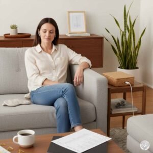 A woman sitting peacefully on a grey sofa with her eyes closed, wearing noise-buffering earplugs, with a linen eye mask resting beside her and a bamboo cable management box on the side table, representing a sanctuary at home.