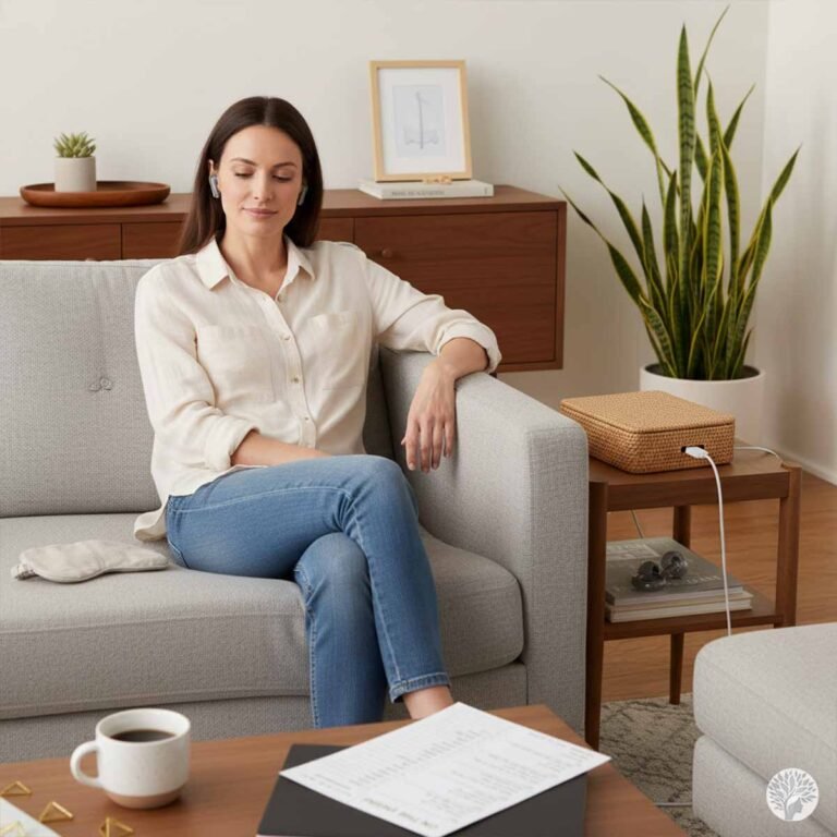 A woman sitting peacefully on a grey sofa with her eyes closed, wearing noise-buffering earplugs, with a linen eye mask resting beside her and a bamboo cable management box on the side table, representing a sanctuary at home.