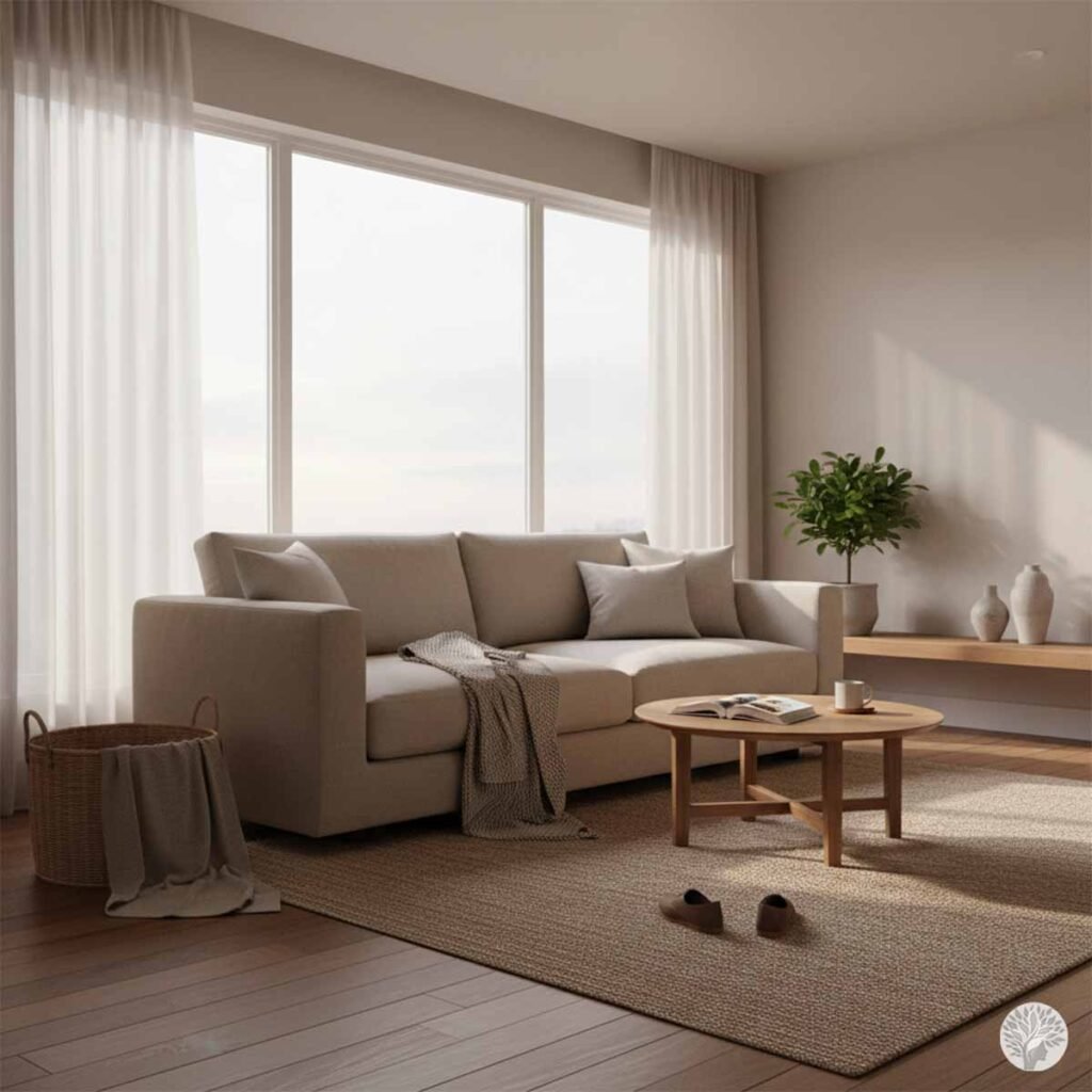 A calm, breathable living room featuring a soft beige sofa, sheer curtains filtering natural light, a clear wooden coffee table, and a small green plant, illustrating the 70/30 rule.