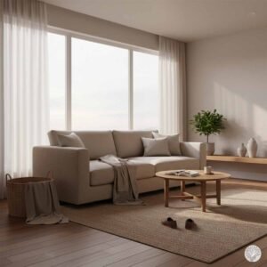 A calm, breathable living room featuring a soft beige sofa, sheer curtains filtering natural light, a clear wooden coffee table, and a small green plant, illustrating the 70/30 rule.
