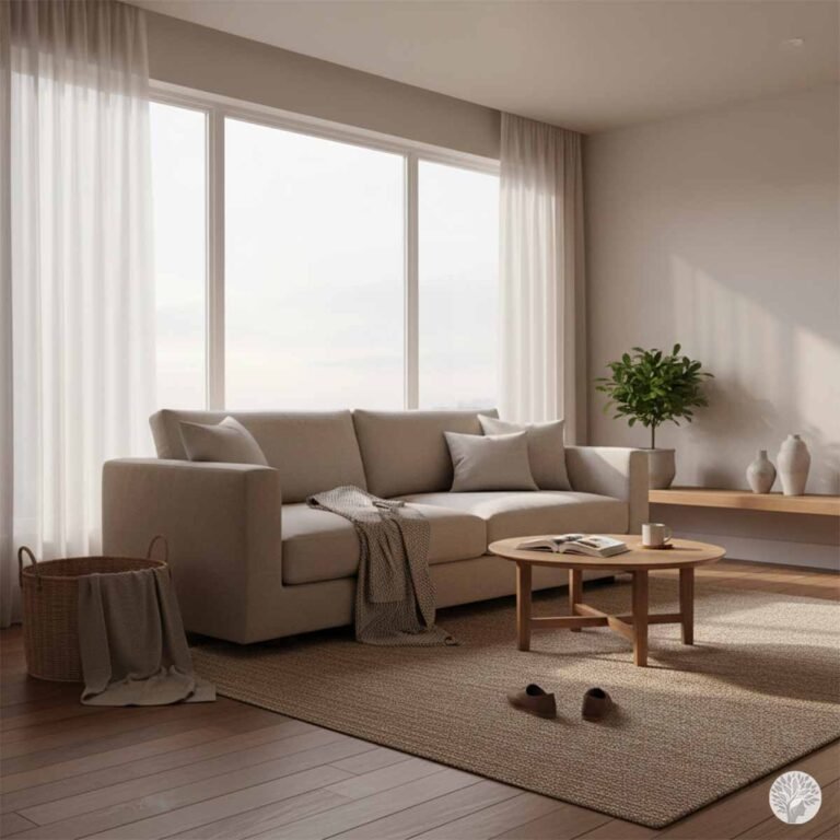 A calm, breathable living room featuring a soft beige sofa, sheer curtains filtering natural light, a clear wooden coffee table, and a small green plant, illustrating the 70/30 rule.