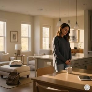 A mother standing in a clean, sunlit kitchen with a steaming cup of tea, reflecting on the unseen struggle and mindful management of her home.