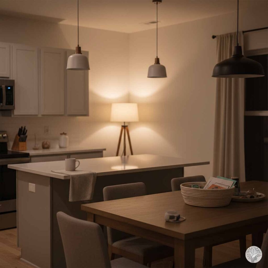 Warm ambient lighting in an open concept kitchen and dining room after sunset featuring pendant lights a wooden table with a woven basket and a tripod floor lamp in the background.
