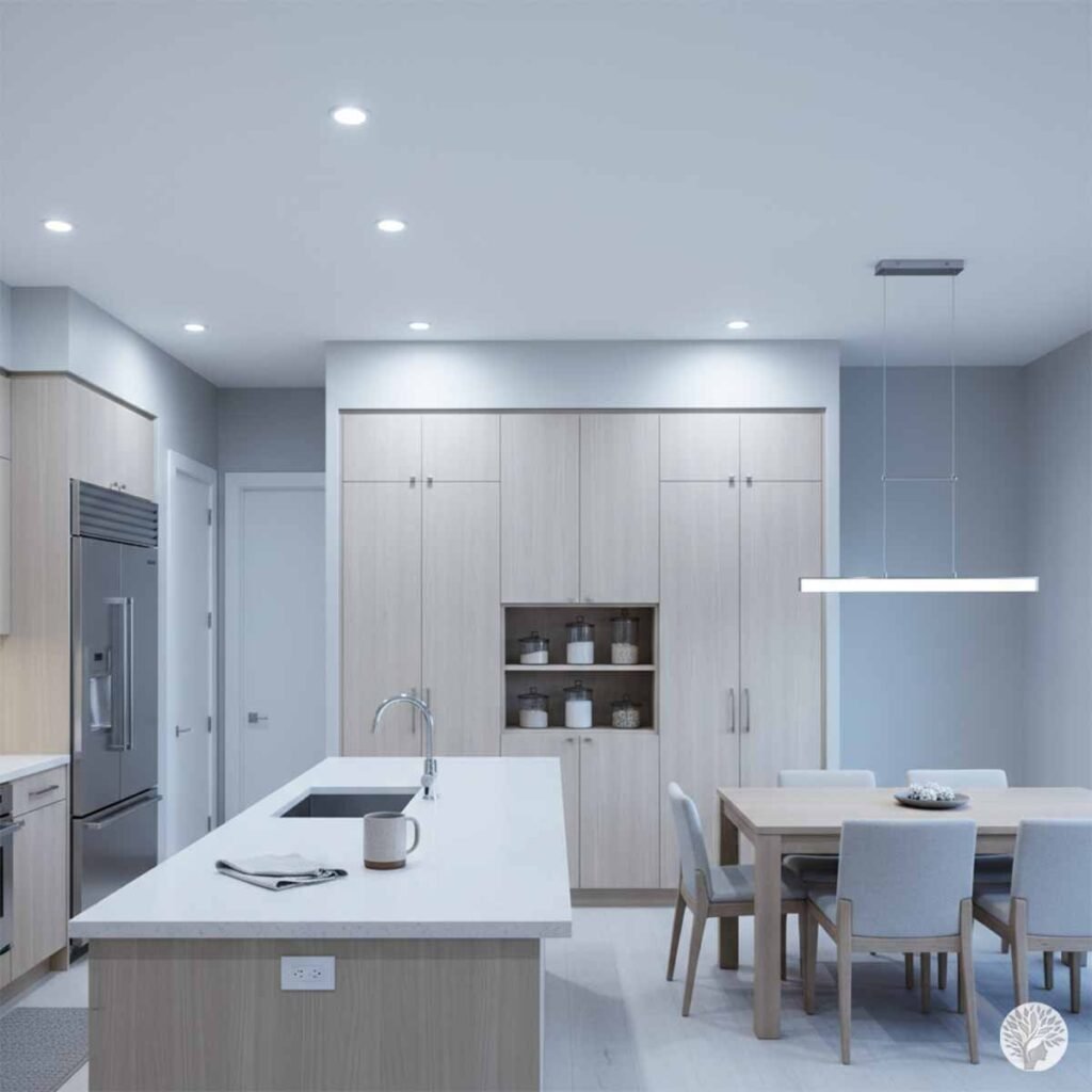 A cozy kitchen island and wooden dining table illuminated by warm pendant lights and a soft tripod floor lamp in the evening.