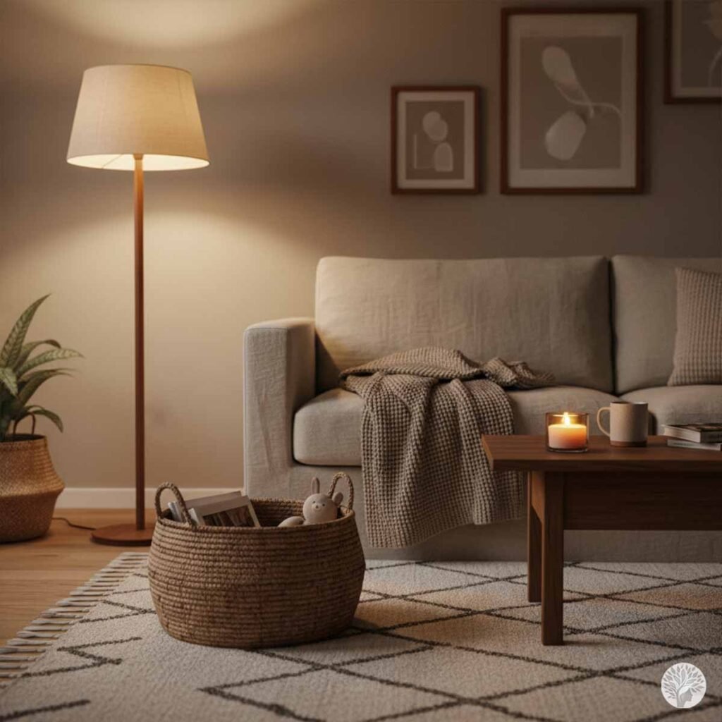 Warm ambient lighting in a cozy living room nook with a beige sofa, knit blanket, and a woven basket overflowing with toys next to a small side table holding a lit candle.