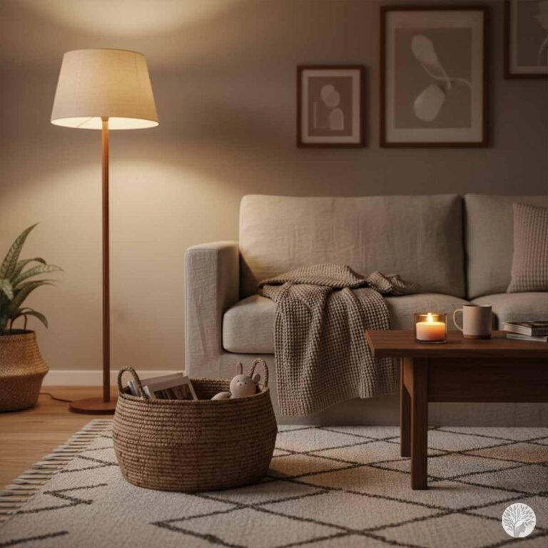 Warm ambient lighting in a cozy living room nook with a beige sofa, knit blanket, and a woven basket overflowing with toys next to a small side table holding a lit candle.