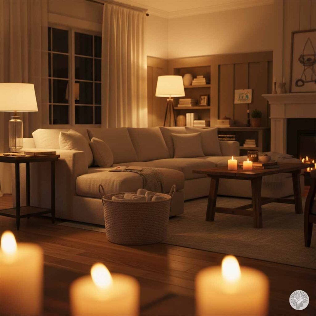 A softly lit, cozy living room at night featuring a large beige sectional sofa with plush cushions. Warm glowing lamps and lit candles on a wooden coffee table cast a gentle amber light across the room, with several blurred candles flickering in the close foreground.