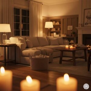 A softly lit, cozy living room at night featuring a large beige sectional sofa with plush cushions. Warm glowing lamps and lit candles on a wooden coffee table cast a gentle amber light across the room, with several blurred candles flickering in the close foreground.