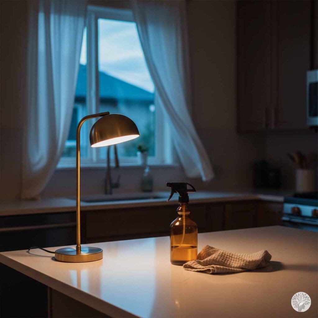 An amber glass spray bottle and a folded beige waffle knit cloth sitting on a clean white kitchen island next to a warm brass desk lamp illuminating the space in the evening.