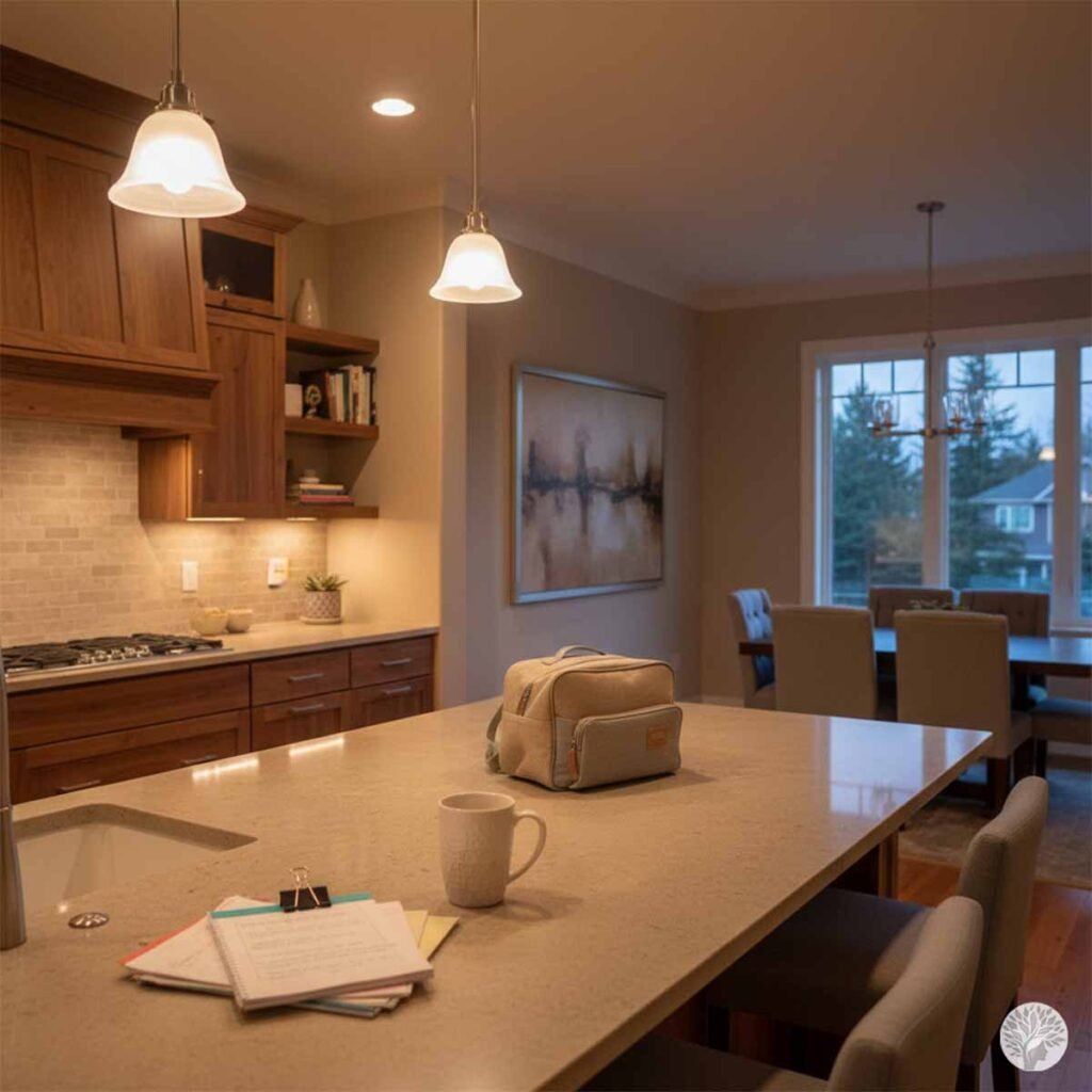 A cozy wooden kitchen island featuring warm hanging pendant lighting, a simple canvas lunch bag, a white ceramic coffee mug, and organized daily notebooks.