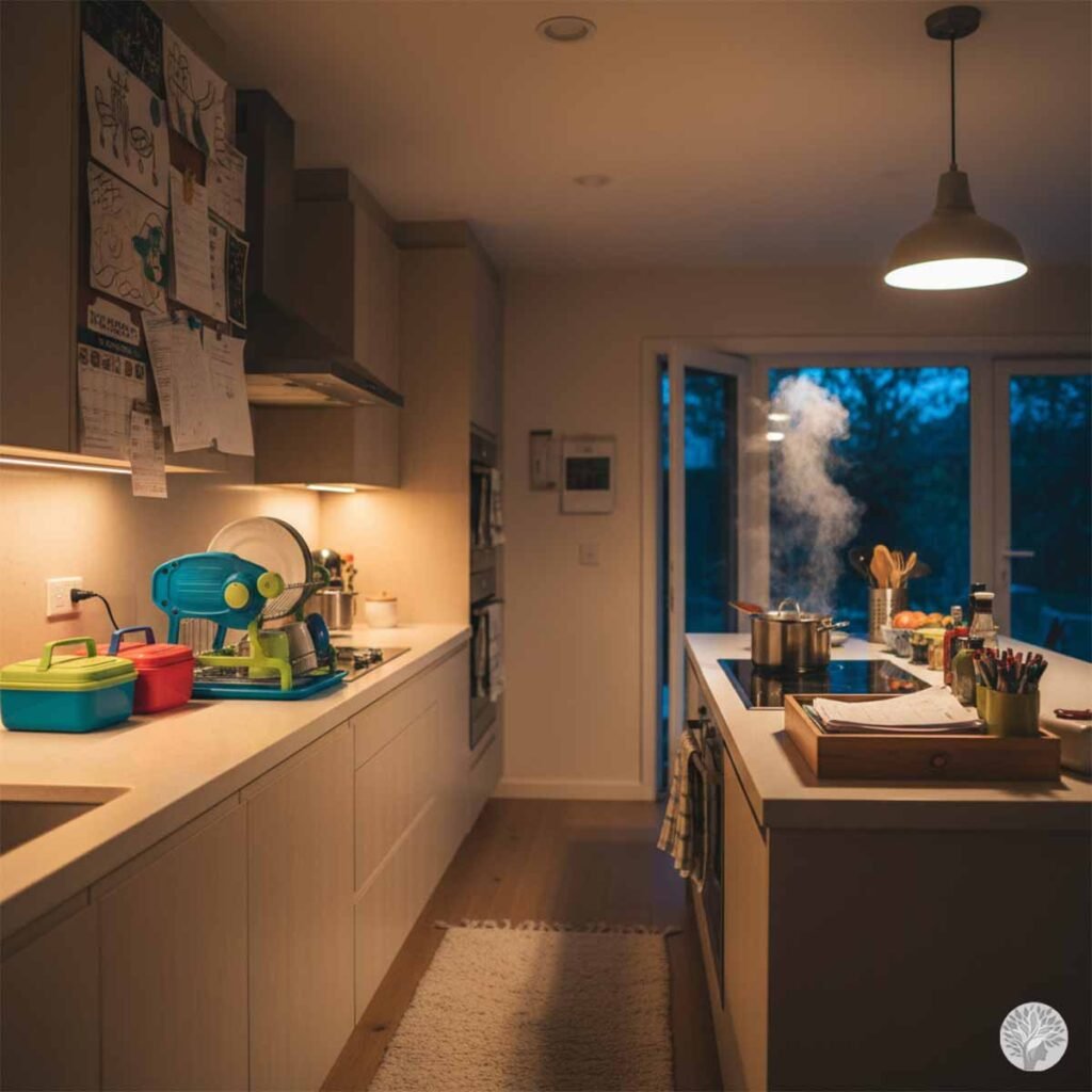 Warm amber low-stimulation lighting illuminating a minimalist modern kitchen with a gentle post-dinner visual silence aesthetic to lower nervous system load for busy mothers.