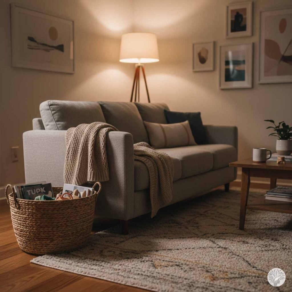 Warm amber lighting from a tripod floor lamp illuminating a cozy, minimalist living room with a neutral couch, plush knit blanket, and a woven floor basket hiding visual clutter.