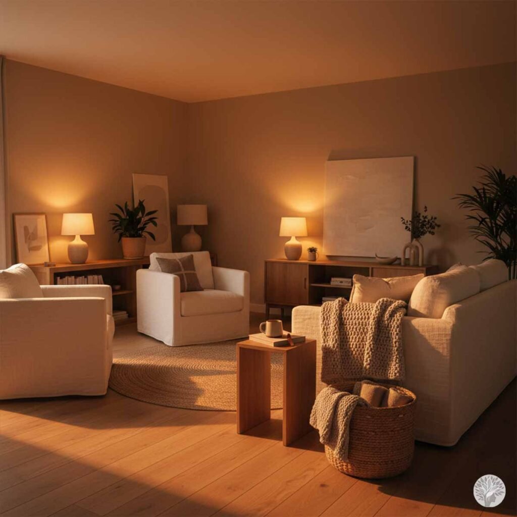 A cozy living room with soft cream armchairs and a sofa, warm amber table lamps, a woven basket with blankets, and golden evening sunlight on wooden floors.