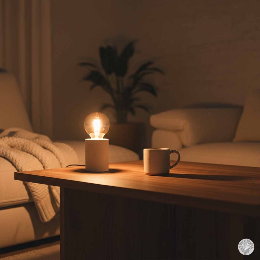 A single warm-spectrum exposed bulb lamp and a ceramic coffee mug resting on a wooden coffee table in a dimly lit, soft living room.