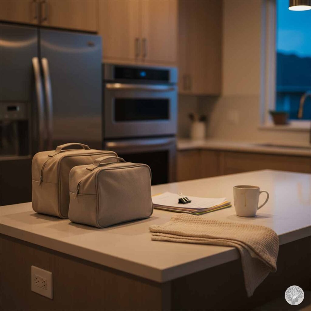 Two structured beige canvas storage bags neatly arranged on a clean kitchen island next to a ceramic mug, a small stack of papers, and a folded waffle knit tea towel under warm light.