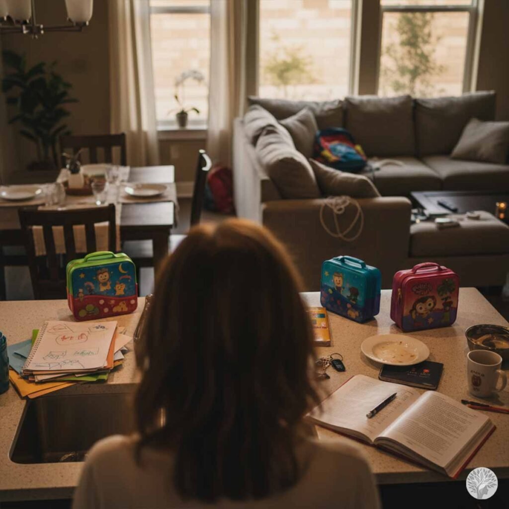 An overstimulated mother viewed from behind, looking out at a cluttered kitchen counter with lunchboxes, children's drawings, and an open textbook with a pen next to a sink, with a messy living room and dining table in the soft-focus background.
