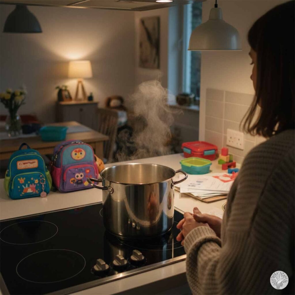 A mother standing at a kitchen counter next to a boiling stainless steel pot on an induction cooktop, looking over a warm, dimly lit room. On the counter sit two children's colorful backpacks and scattered school papers under a soft overhead lamp.