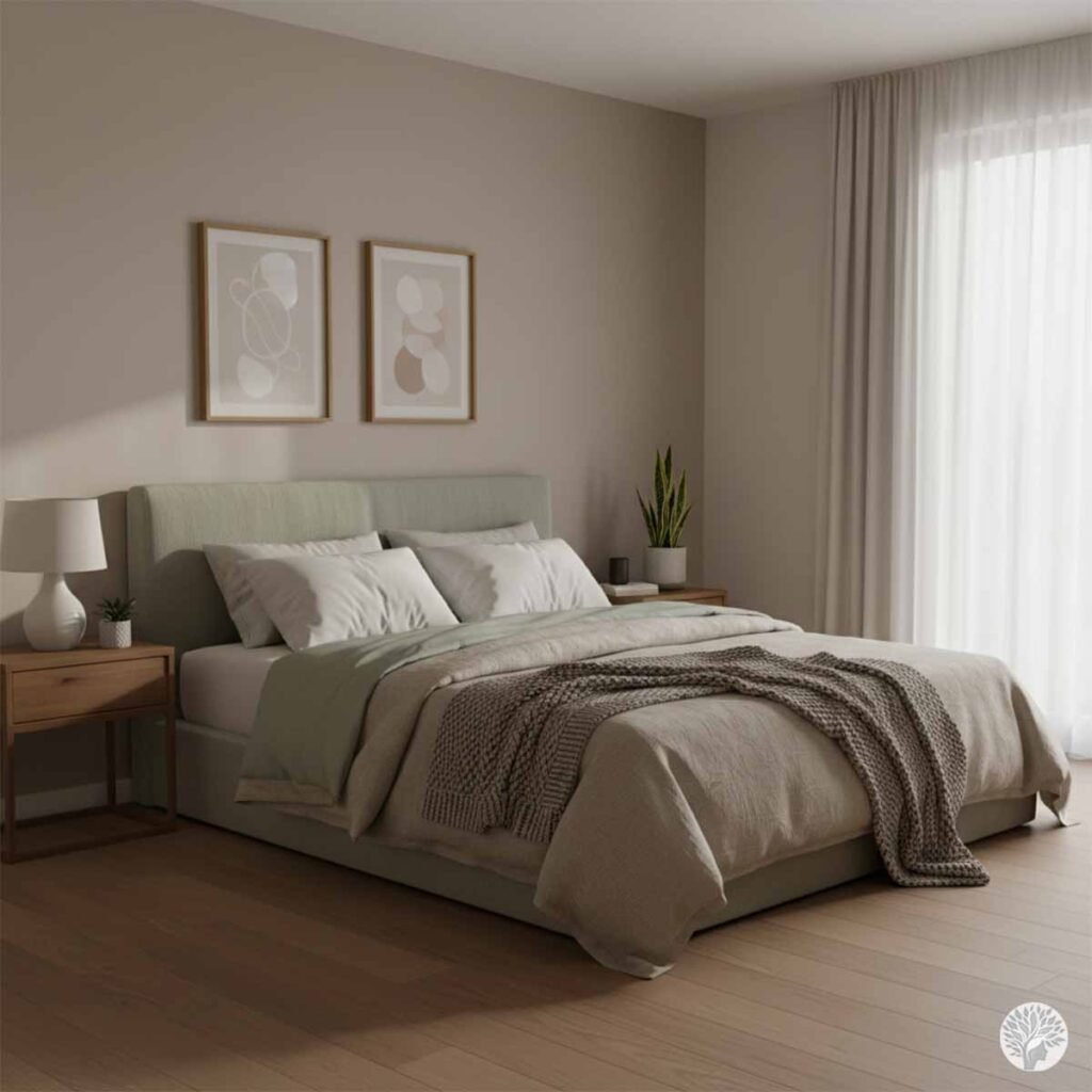A calming minimalist bedroom designed around the sixty thirty ten rule with a soft sage green headboard muted beige bedding and a textured brown knit throw blanket.