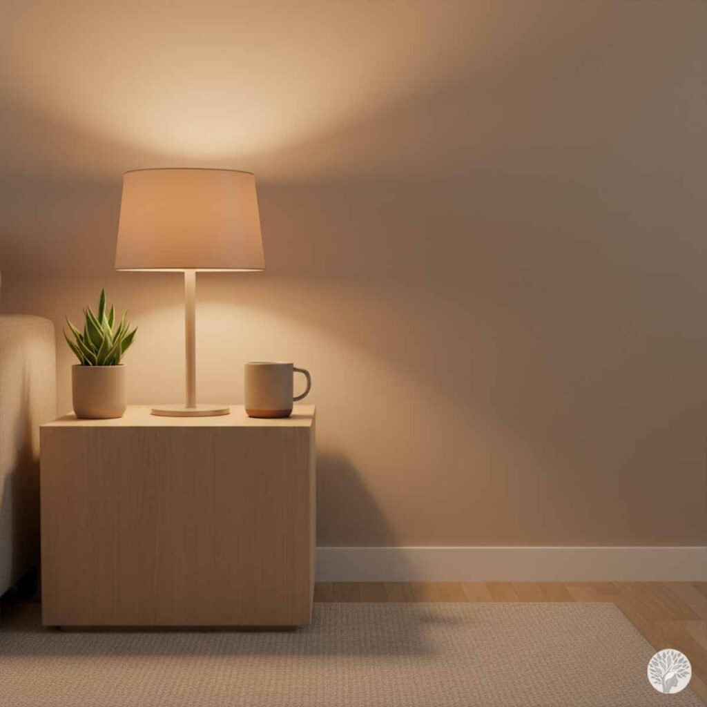 A minimalist wooden nightstand styled using the three five seven rule with a warm shaded table lamp a ceramic coffee mug and a small potted snake plant against a plain neutral wall.