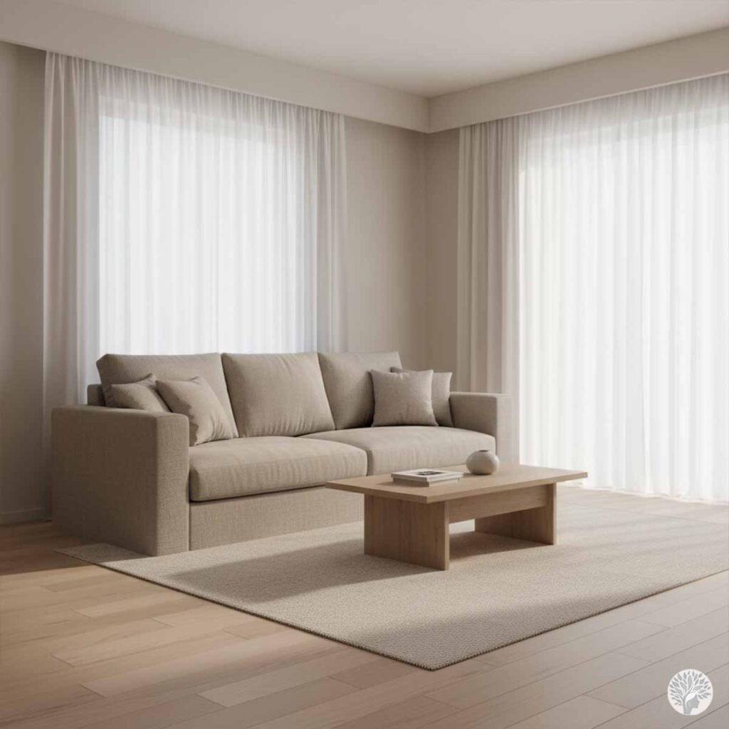 A minimalist living room with a neutral fabric sofa and matching wood coffee table positioned perfectly according to the two thirds rule with flowing sheer white curtains.