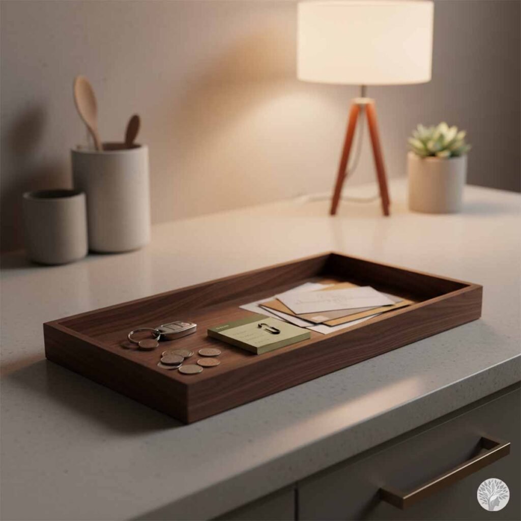 A close-up shot of a minimalist walnut wood landing tray sitting on a clean white quartz kitchen counter. Inside the tray are neatly stacked envelopes, car keys, loose coins, and a small green notepad. In the soft-focus background, a small warm lamp on a tripod stand casts a gentle glow.
