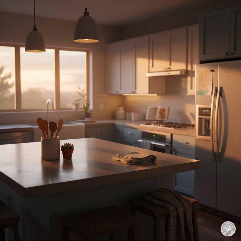 A warm, peaceful kitchen in the late afternoon with golden sunset light streaming through a large window. Two low-hanging pendant lamps cast a dim, amber glow over a clean kitchen island with a folded towel and a small potted succulent.