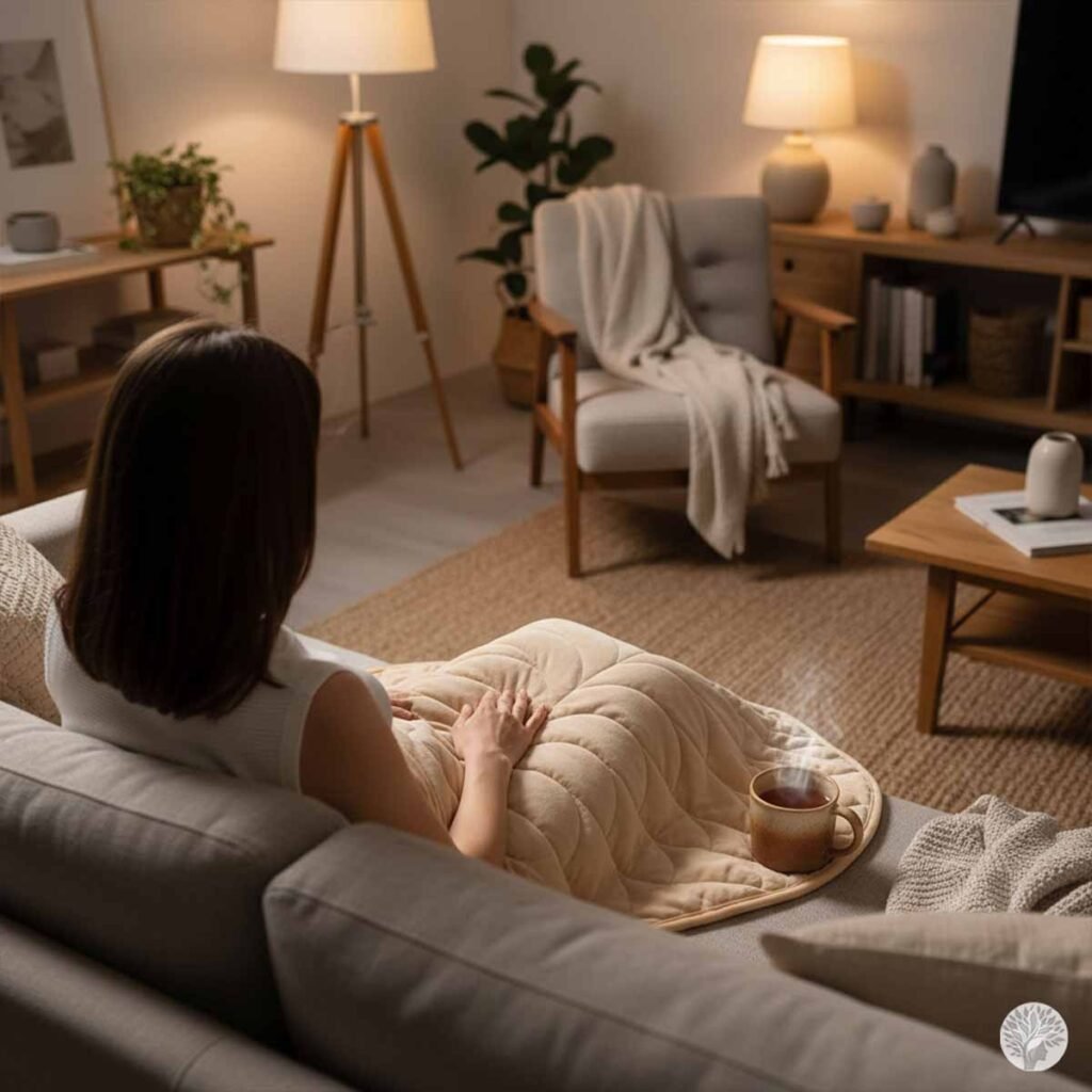 A woman viewed from behind, sitting on a grey living room couch with a soft, quilted beige weighted lap pad draped over her lap. Next to her on the sofa is a steaming ceramic mug, with a cozy, softly lit living room featuring a jute rug and warm floor lamps in the background.