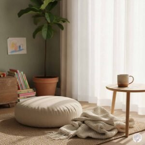 A cozy meditation corner in a home featuring a round beige floor cushion, a crumpled knit throw blanket on a woven rug, and a ceramic mug on a small wooden side table next to sheer curtains with morning sunlight.