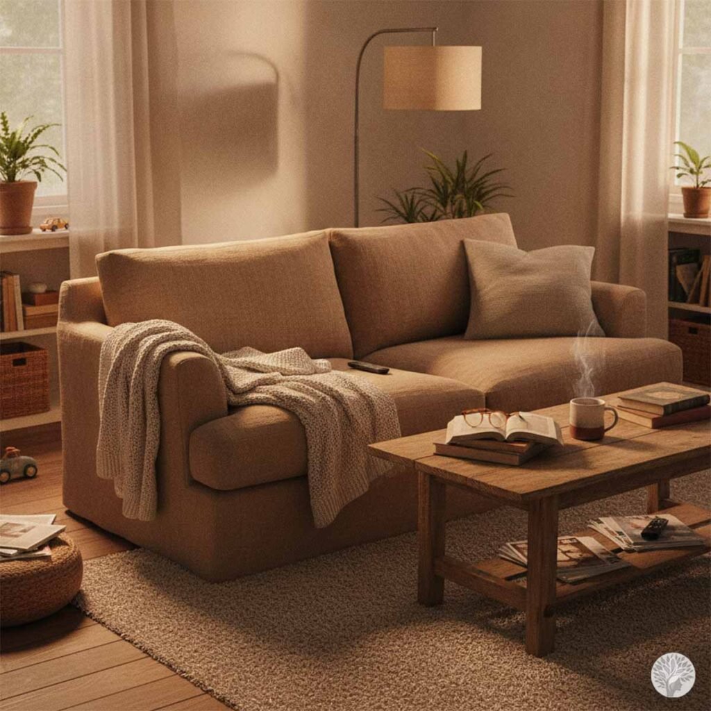 A warm, dimly lit living room featuring a cozy beige fabric sofa with a knit throw blanket, a rustic wooden coffee table with open books and a steaming mug, a floor lamp casting soft light, and bookshelves in the background.