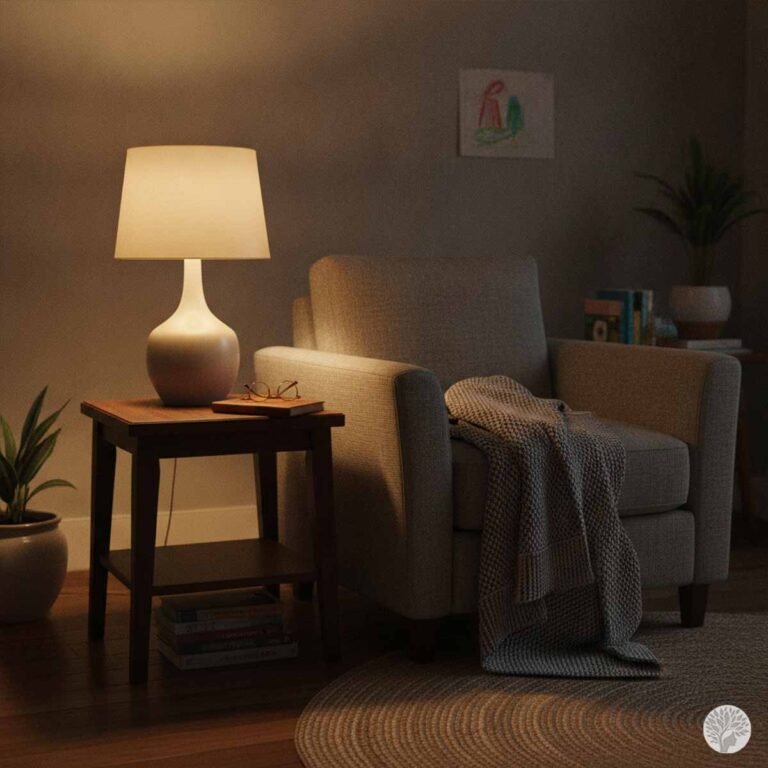A cozy armchair with a soft knit blanket in a dimly lit room, illuminated by a warm lamp on a wooden side table with glasses on a book, creating a quiet evening atmosphere.
