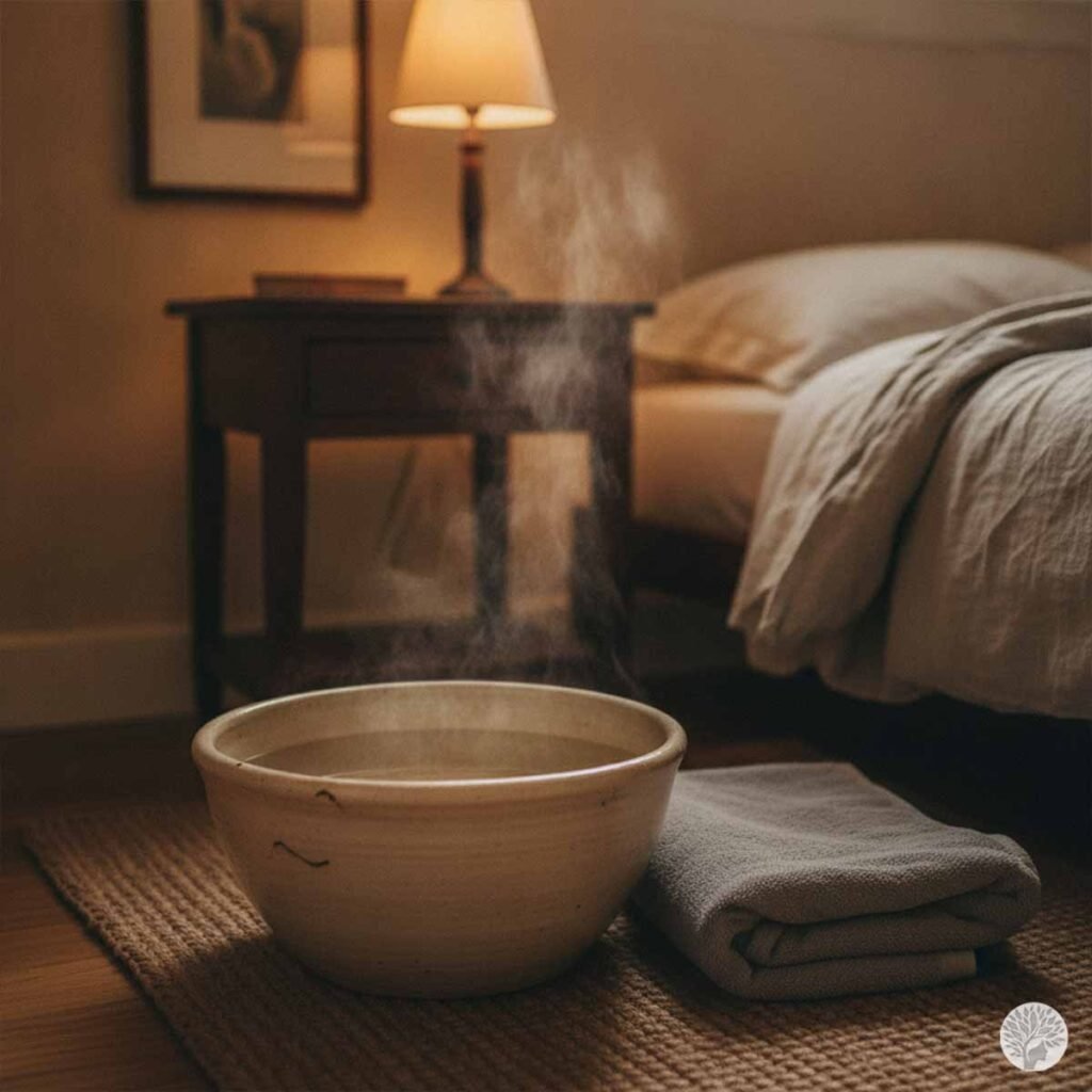 A steaming ceramic basin of warm water and a folded grey towel on a small rug next to a bed, illuminated by the warm glow of a nightstand lamp.