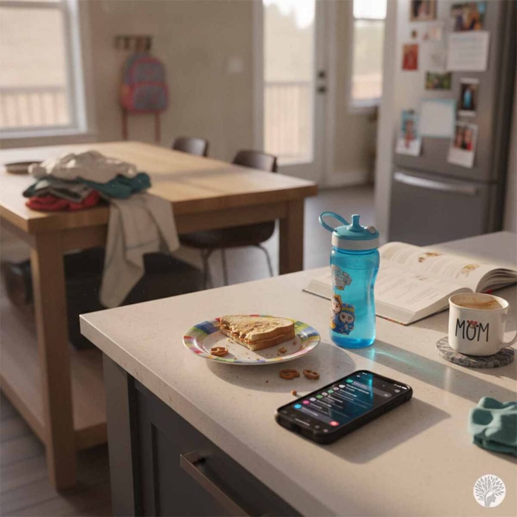 A busy kitchen counter featuring a half-eaten sandwich on a colorful plate, a blue kids' water bottle, a smartphone displaying notifications, and a coffee mug that reads "MOM" alongside an open book, with a pile of laundry on a table in the background.